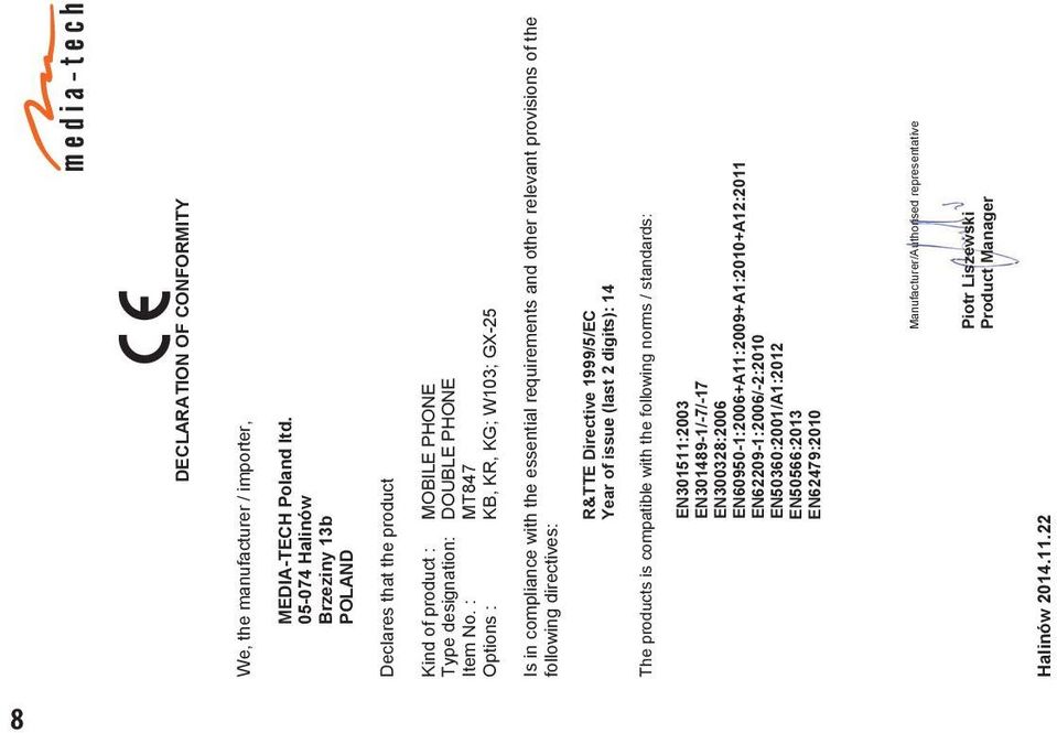 : MT847 Options : KB, KR, KG; W103; GX-25 Is in compliance with the essential requirements and other relevant provisions of the following directives: R&TTE Directive 1999/5/EC Year of