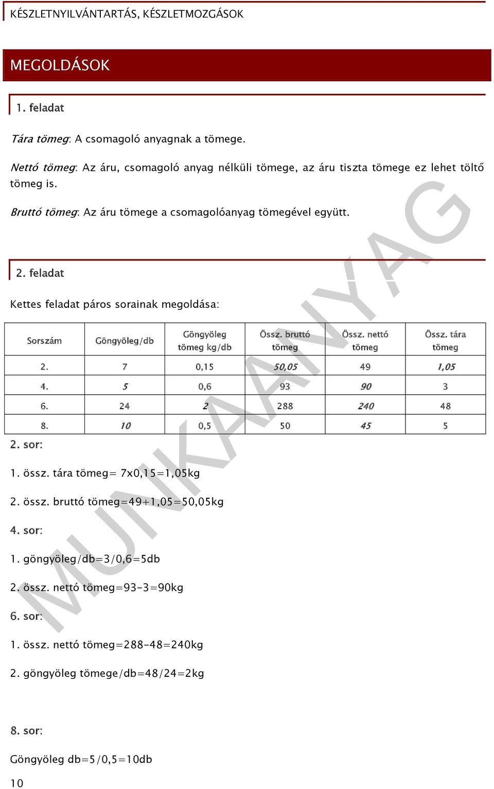 bruttó tömeg Össz. nettó tömeg Össz. tára tömeg 2. 7 0,15 50,05 49 1,05 4. 5 0,6 93 90 3 6. 24 2 288 240 48 8. 10 0,5 50 45 5 1. össz. tára tömeg= 7x0,15=1,05kg 2. össz. bruttó tömeg=49+1,05=50,05kg 4.