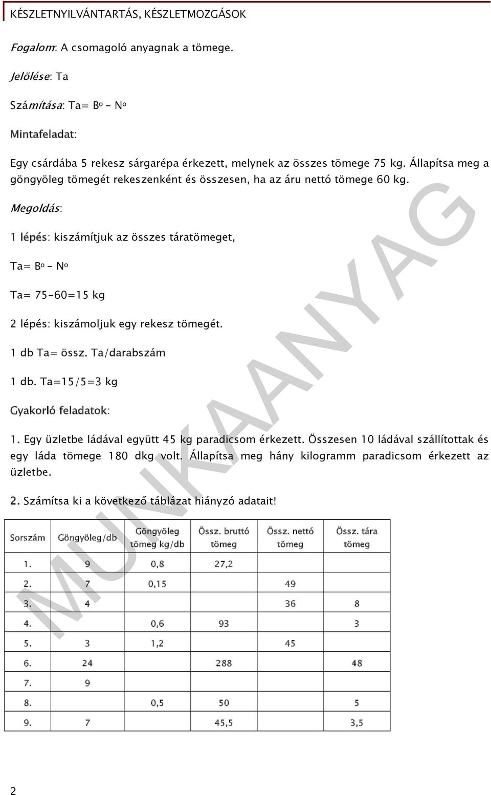 Megoldás: 1 lépés: kiszámítjuk az összes táratömeget, Ta= B o - N o Ta= 75-60=15 kg 2 lépés: kiszámoljuk egy rekesz tömegét. 1 db Ta= össz. Ta/darabszám 1 db. Ta=15/5=3 kg Gyakorló feladatok: 1.