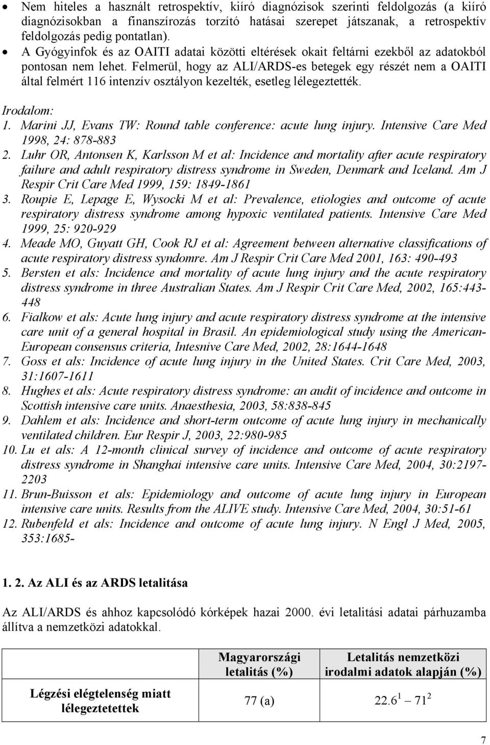 Felmerül, hogy az ALI/ARDS-es betegek egy részét nem a OAITI által felmért 116 intenzív osztályon kezelték, esetleg lélegeztették. Irodalom: 1.