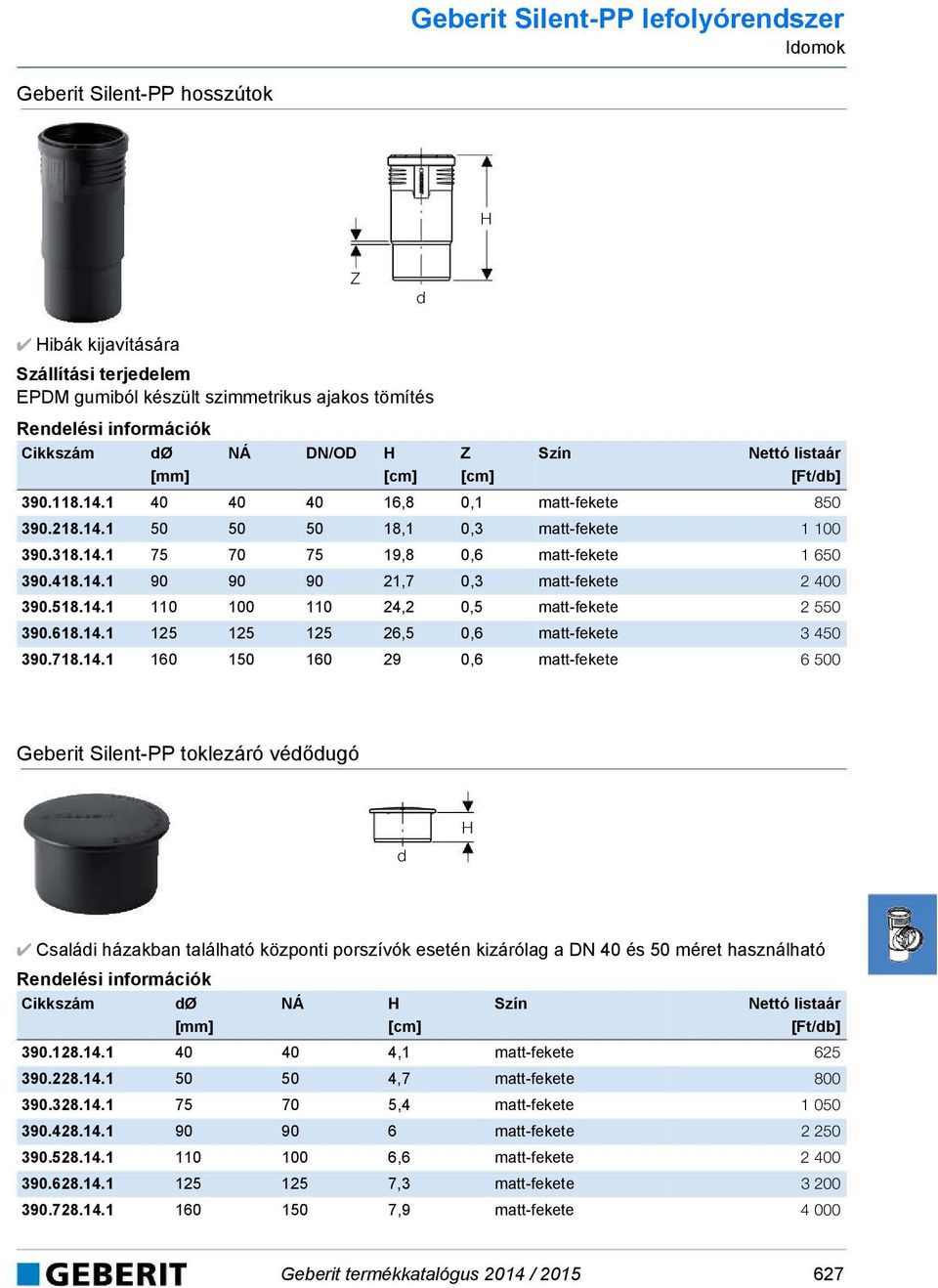 618.14.1 125 125 125 26,5 0,6 matt-fekete 3 450 390.718.14.1 160 150 160 29 0,6 matt-fekete 6 500 Geberit Silent-PP toklezáró véőugó Csalái házakban található központi porszívók esetén kizárólag a DN 40 és 50 méret használható Cikkszám Ø 390.