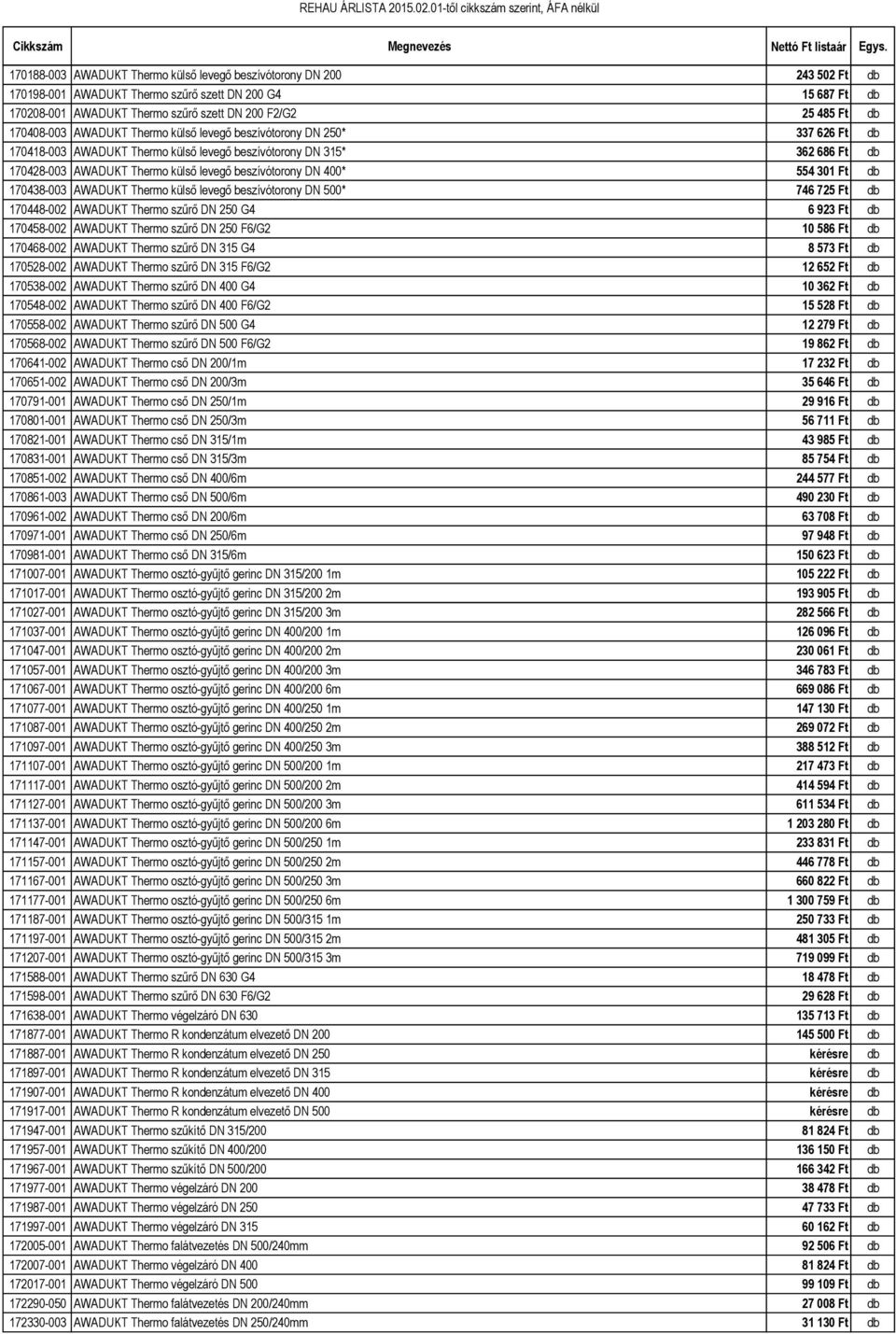 beszívótorony DN 400* 554 301 Ft db 170438-003 AWADUKT Thermo külső levegő beszívótorony DN 500* 746 725 Ft db 170448-002 AWADUKT Thermo szűrő DN 250 G4 6 923 Ft db 170458-002 AWADUKT Thermo szűrő DN