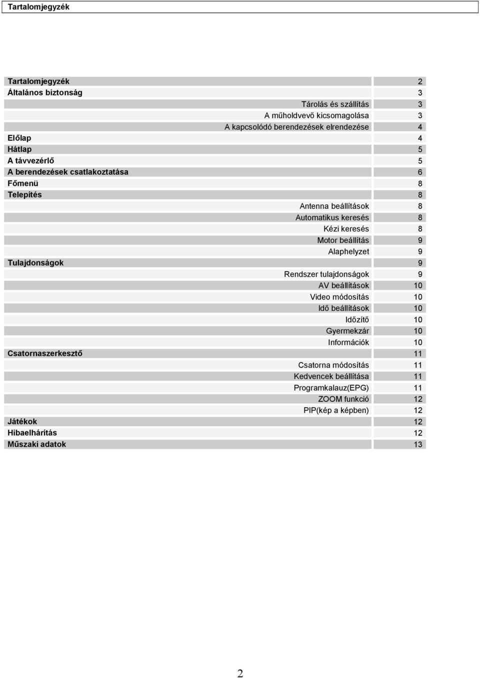 Alaphelyzet 9 Tulajdonságok 9 Rendszer tulajdonságok 9 AV beállítások 10 Video módosítás 10 Idő beállítások 10 Időzítő 10 Gyermekzár 10 Információk 10