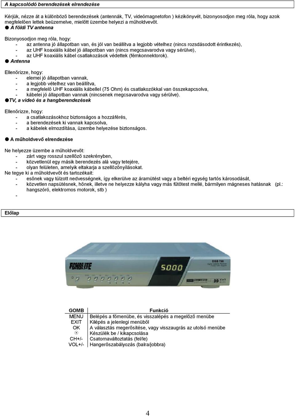 A földi TV antenna Bizonyosodjon meg róla, hogy: - az antenna jó állapotban van, és jól van beállítva a legjobb vételhez (nincs rozsdásodott érintkezés), - az UHF koaxiális kábel jó állapotban van