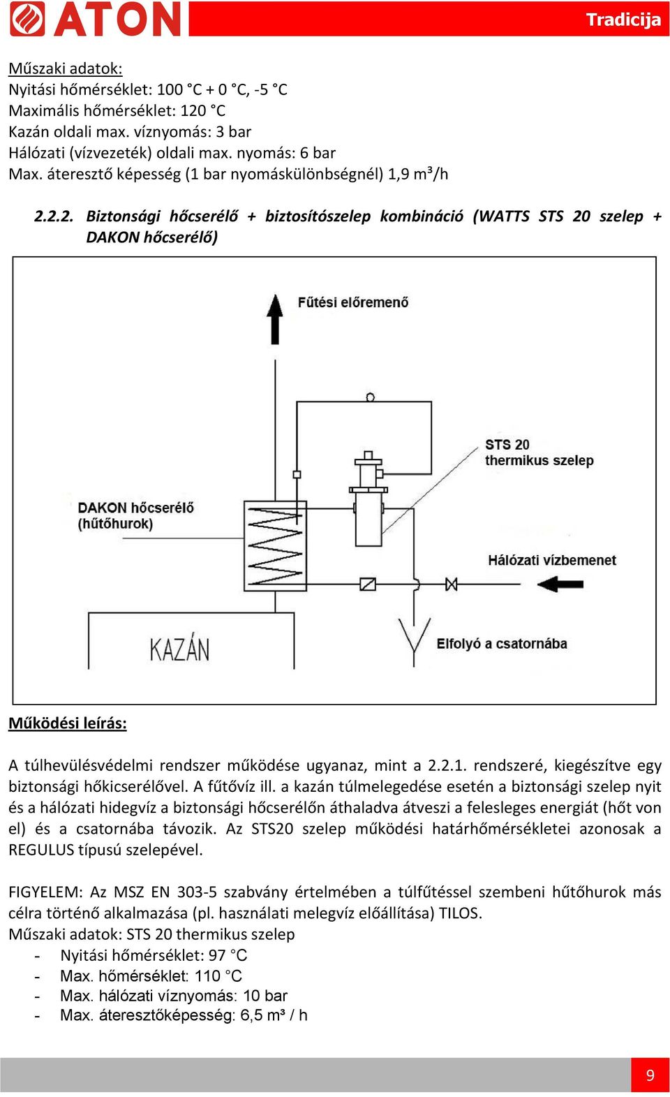 2.2. Biztonsági hőcserélő + biztosítószelep kombináció (WATTS STS 20 szelep + DAKON hőcserélő) Működési leírás: A túlhevülésvédelmi rendszer működése ugyanaz, mint a 2.2.1.