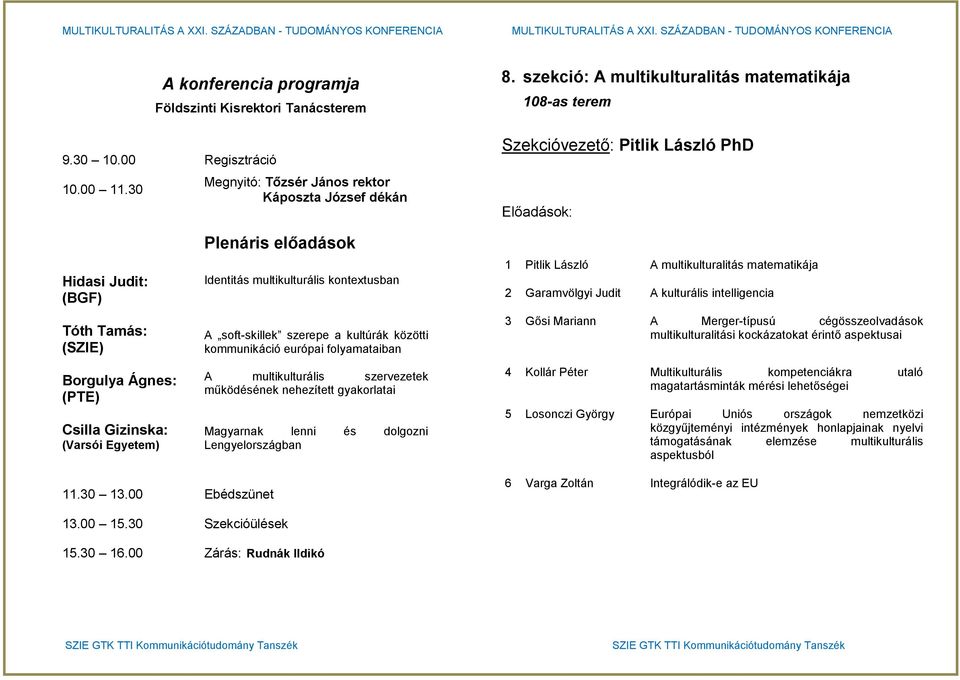 előadások Identitás multikulturális kontextusban A soft-skillek szerepe a kultúrák közötti kommunikáció európai folyamataiban A multikulturális szervezetek működésének nehezített gyakorlatai