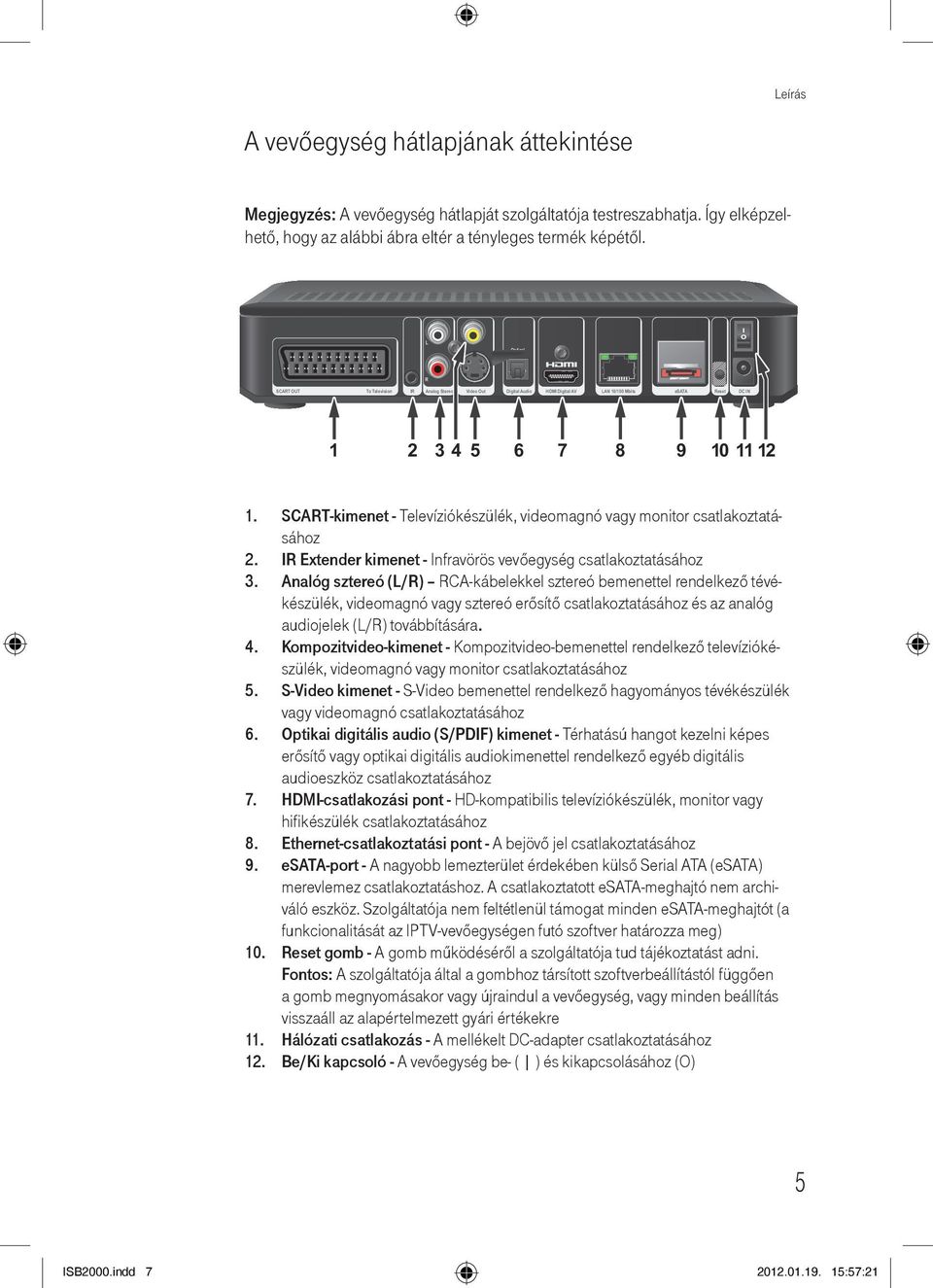 SCART-kimenet - Televíziókészülék, videomagnó vagy monitor csatlakoztatásához 2. IR Extender kimenet - Infravörös vevőegység csatlakoztatásához 3.