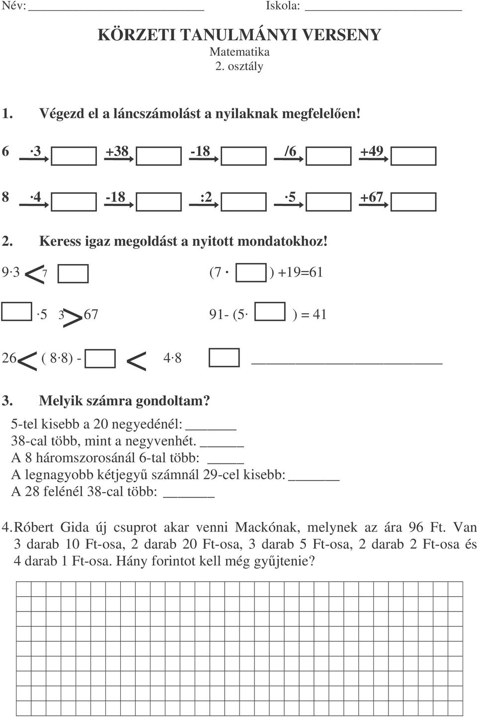 KÖRZETI TANULMÁNYI VERSENY Matematika 2. osztály - PDF Free Download