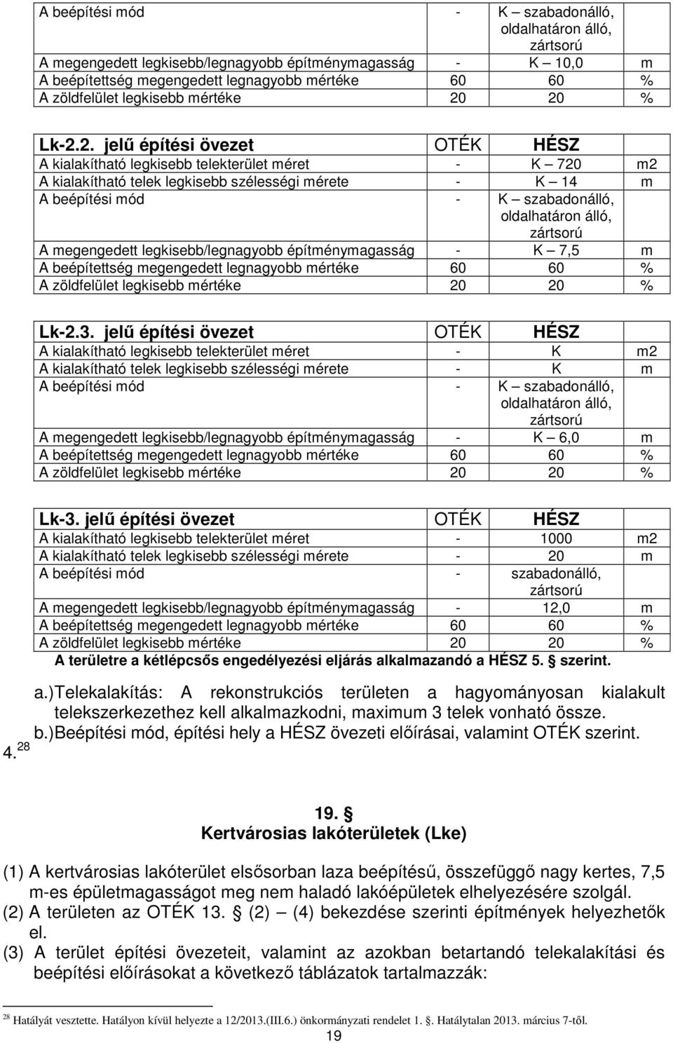 20 % Lk-2.2. jelő építési övezet OTÉK HÉSZ A kialakítható legkisebb telekterület méret - K 720 m2 A kialakítható telek legkisebb szélességi mérete - K 14 m A beépítési mód - K szabadonálló,