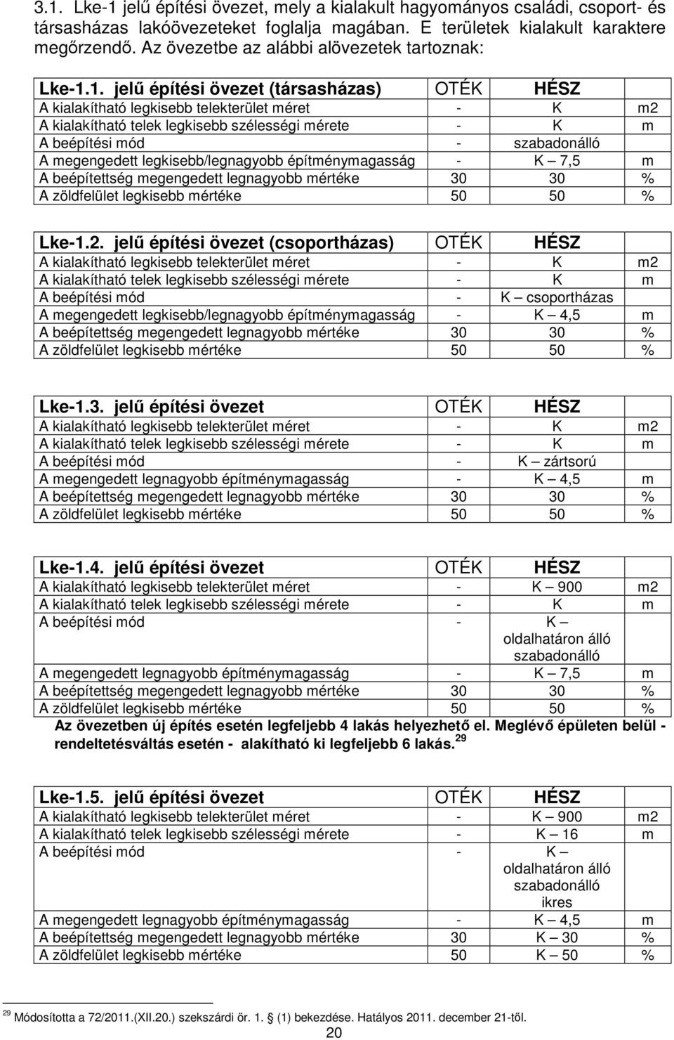 1. jelő építési övezet (társasházas) OTÉK HÉSZ A kialakítható legkisebb telekterület méret - K m2 A kialakítható telek legkisebb szélességi mérete - K m A beépítési mód - szabadonálló A megengedett