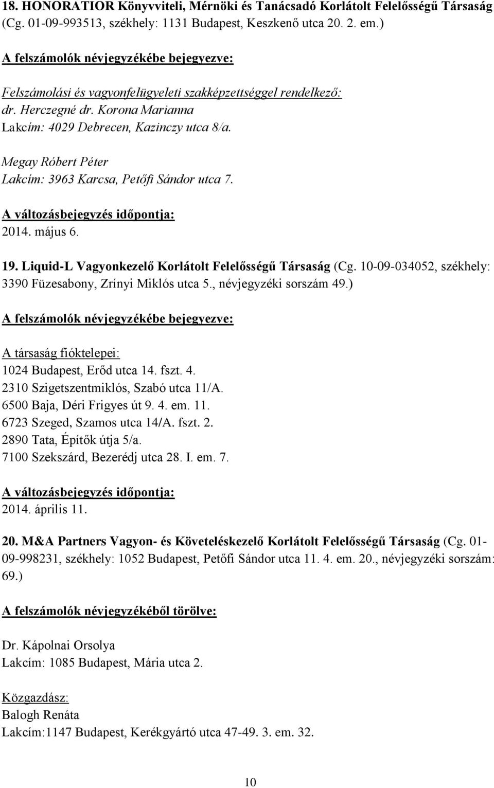 Megay Róbert Péter Lakcím: 3963 Karcsa, Petőfi Sándor utca 7. 2014. május 6. 19. Liquid-L Vagyonkezelő Korlátolt Felelősségű Társaság (Cg.