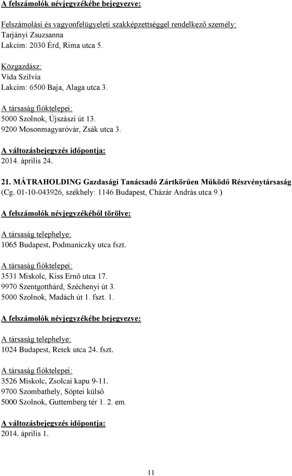 01-10-043926, székhely: 1146 Budapest, Cházár András utca 9.) A társaság telephelye: 1065 Budapest, Podmaniczky utca fszt. 3531 Miskolc, Kiss Ernő utca 17.