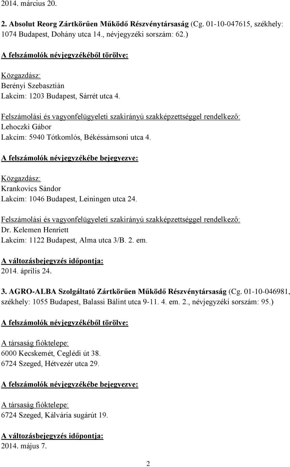 Krankovics Sándor Lakcím: 1046 Budapest, Leiningen utca 24. Felszámolási és vagyonfelügyeleti szakirányú szakképzettséggel rendelkező: Dr. Kelemen Henriett Lakcím: 1122 Budapest, Alma utca 3/B. 2. em.