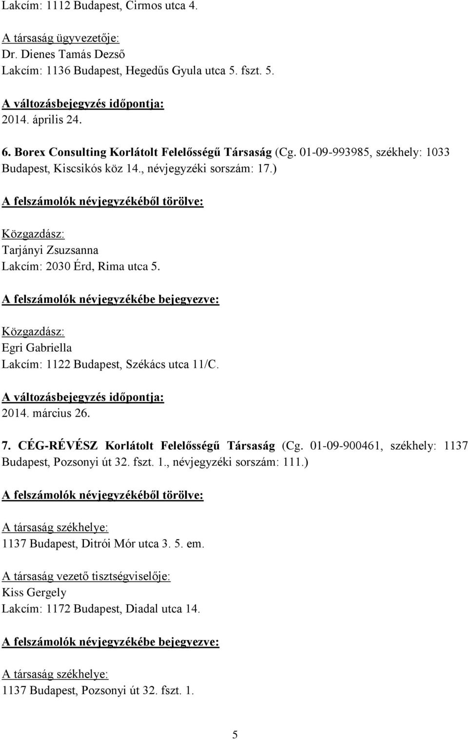 Egri Gabriella Lakcím: 1122 Budapest, Székács utca 11/C. 2014. március 26. 7. CÉG-RÉVÉSZ Korlátolt Felelősségű Társaság (Cg. 01-09-900461, székhely: 1137 Budapest, Pozsonyi út 32. fszt. 1., névjegyzéki sorszám: 111.