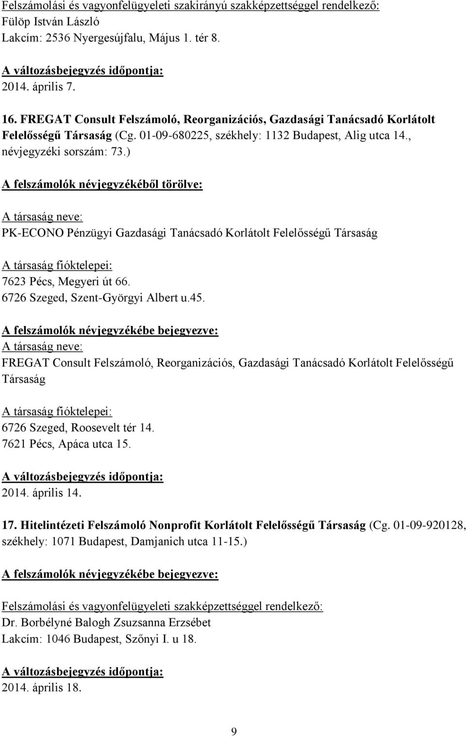 ) A társaság neve: PK-ECONO Pénzügyi Gazdasági Tanácsadó Korlátolt Felelősségű Társaság 7623 Pécs, Megyeri út 66. 6726 Szeged, Szent-Györgyi Albert u.45.