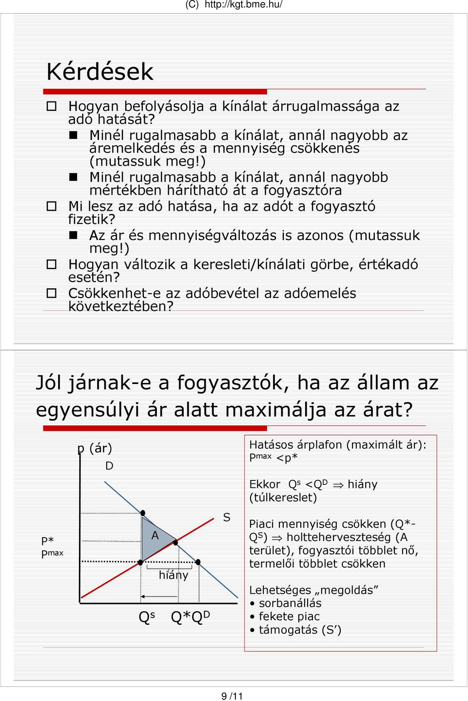 ) Hogyan változik a keresleti/kínálati görbe, értékadó esetén? Csökkenhet-e az adóbevétel az adóemelés következtében? Jól járnak-e a fogyasztók, ha az állam az egyensúlyi ár alatt maximálja az árat?