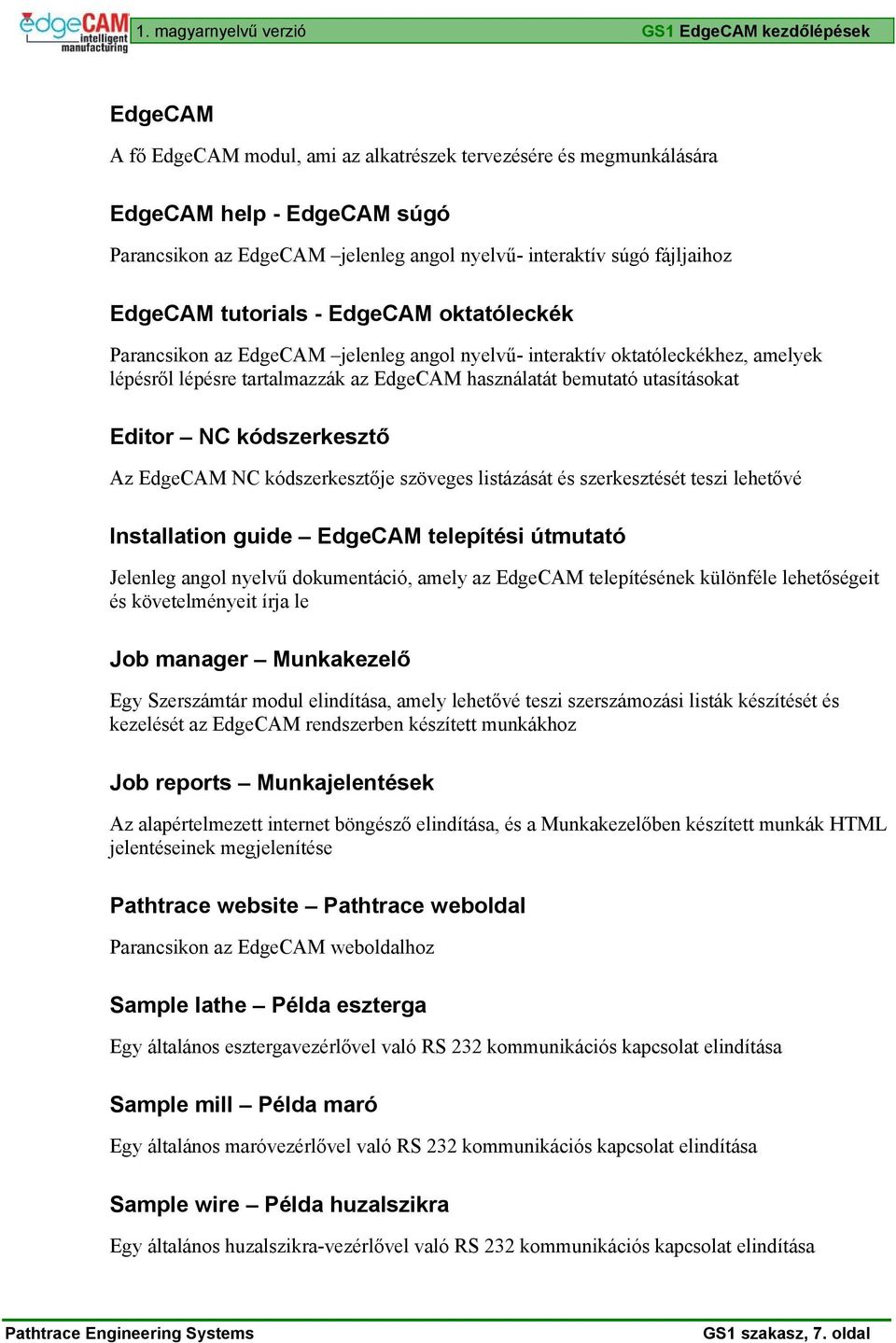 használatát bemutató utasításokat Editor NC kódszerkesztő Az EdgeCAM NC kódszerkesztője szöveges listázását és szerkesztését teszi lehetővé Installation guide EdgeCAM telepítési útmutató Jelenleg