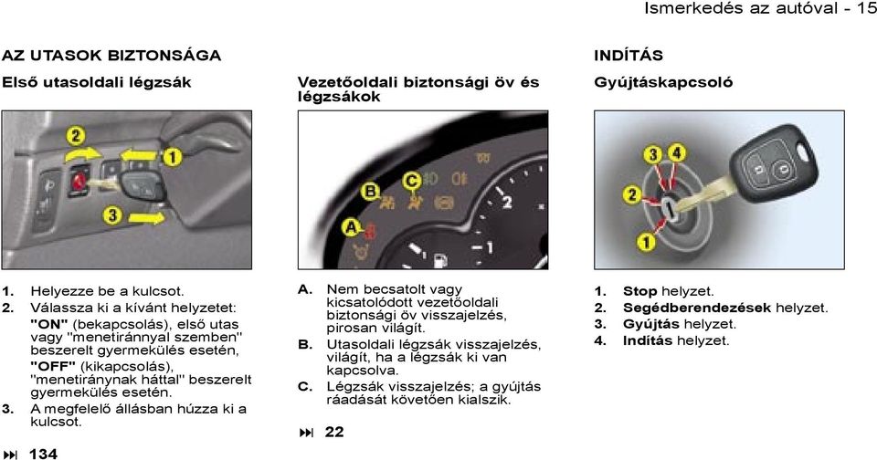 gyermekülés esetén. 3. A megfelelő állásban húzza ki a kulcsot. 134 A. Nem becsatolt vagy kicsatolódott vezetőoldali biztonsági öv visszajelzés, pirosan világít. B.