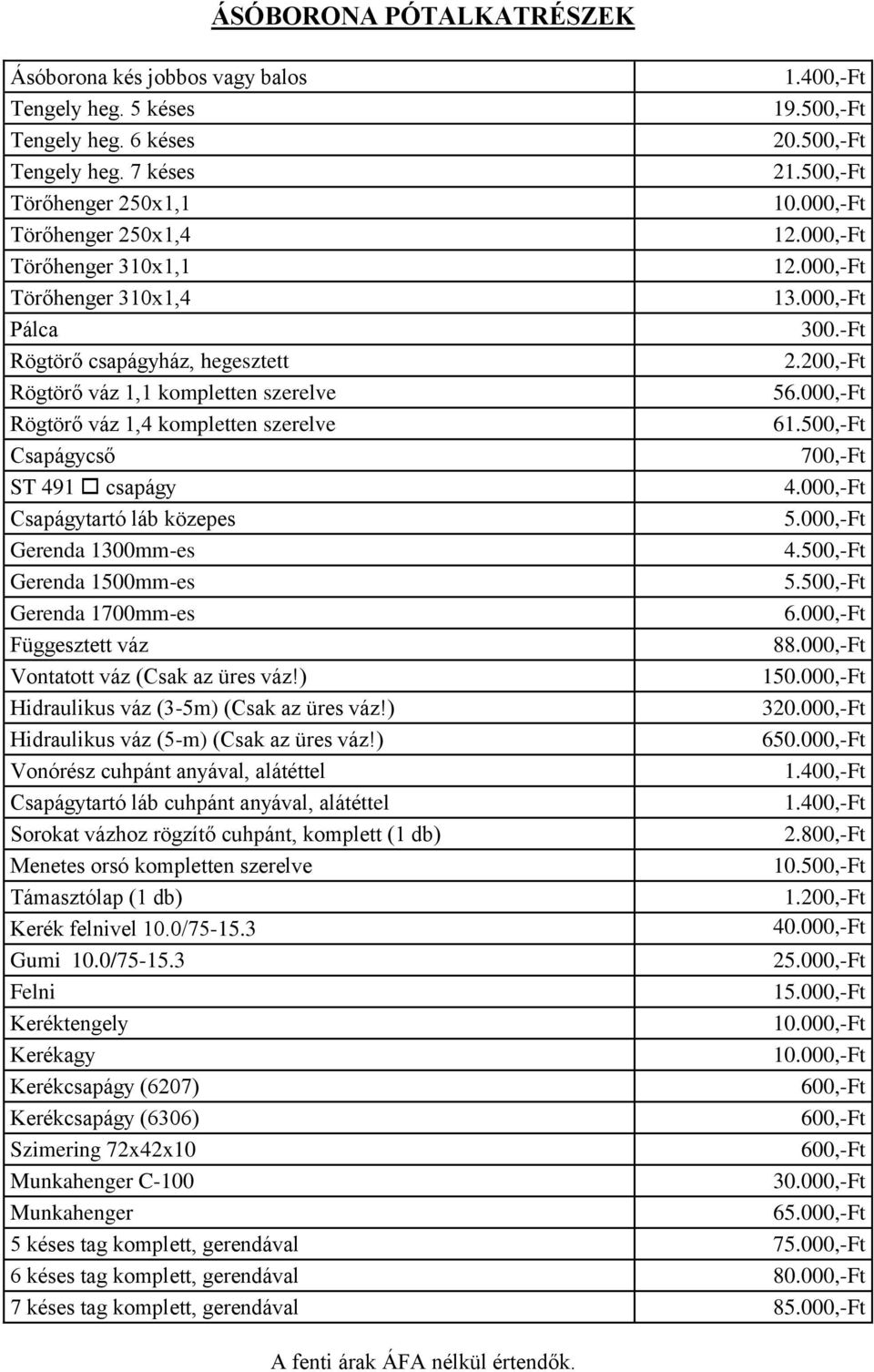 000,-Ft Rögtörő váz 1,4 kompletten szerelve 61.500,-Ft Csapágycső 700,-Ft ST 491 csapágy Csapágytartó láb közepes Gerenda 1300mm-es 4.500,-Ft Gerenda 1500mm-es 5.500,-Ft Gerenda 1700mm-es 6.