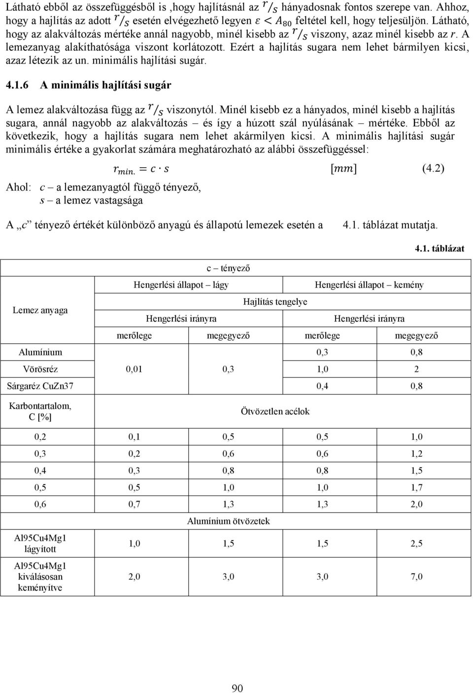 Ezért a hajlítás sugara nem lehet bármilyen kicsi, azaz létezik az un. minimális hajlítási sugár. 4.1.6 A minimális hajlítási sugár A lemez alakváltozása függ az viszonytól.
