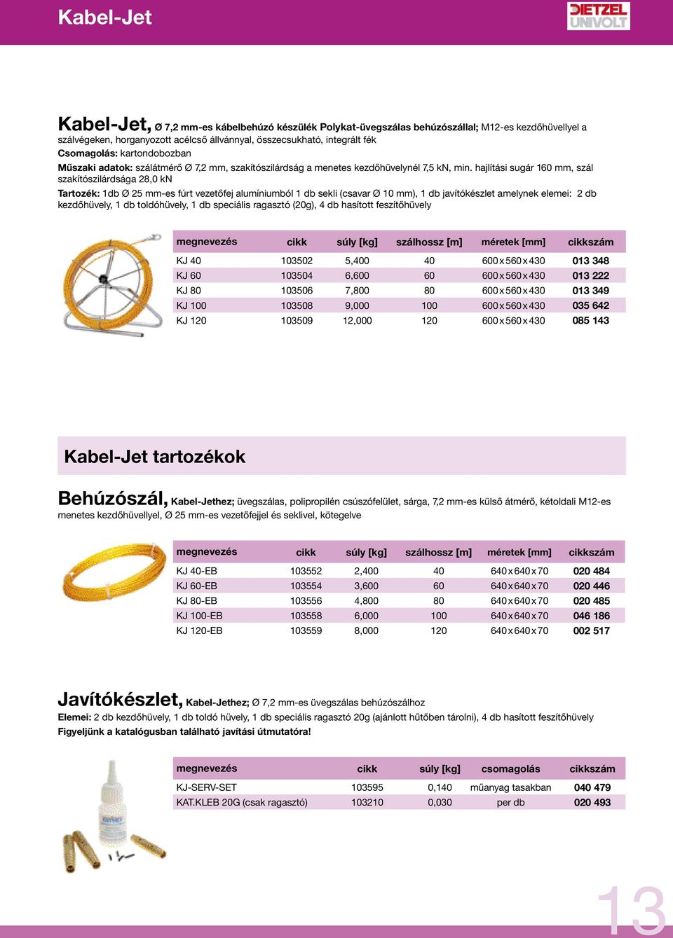 hajlítási sugár 160 mm, szál szakítószilárdsága 28,0 kn Tartozék: 1db Ø 25 mm-es fúrt vezetőfej alumíniumból 1 db sekli (csavar Ø 10 mm), 1 db javítókészlet amelynek elemei: 2 db kezdőhüvely, 1 db