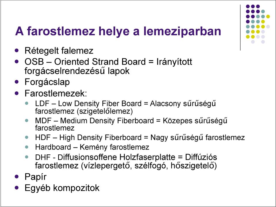 MDF Medium Density Fiberboard = Közepes sűrűségű farostlemez! HDF High Density Fiberboard = Nagy sűrűségű farostlemez!