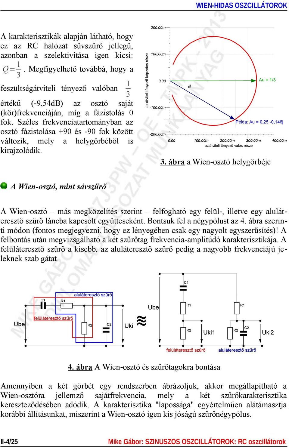 Széles frekvenciatartományban az osztó fázistolása +90 és -90 fok között változik, mely a helygörbéből is kirajzolódik. 00.00m 0.00 Au /3 φ -00.00m Példa: Au 0,25-0,46j -200.00m 0.00 00.00m 200.