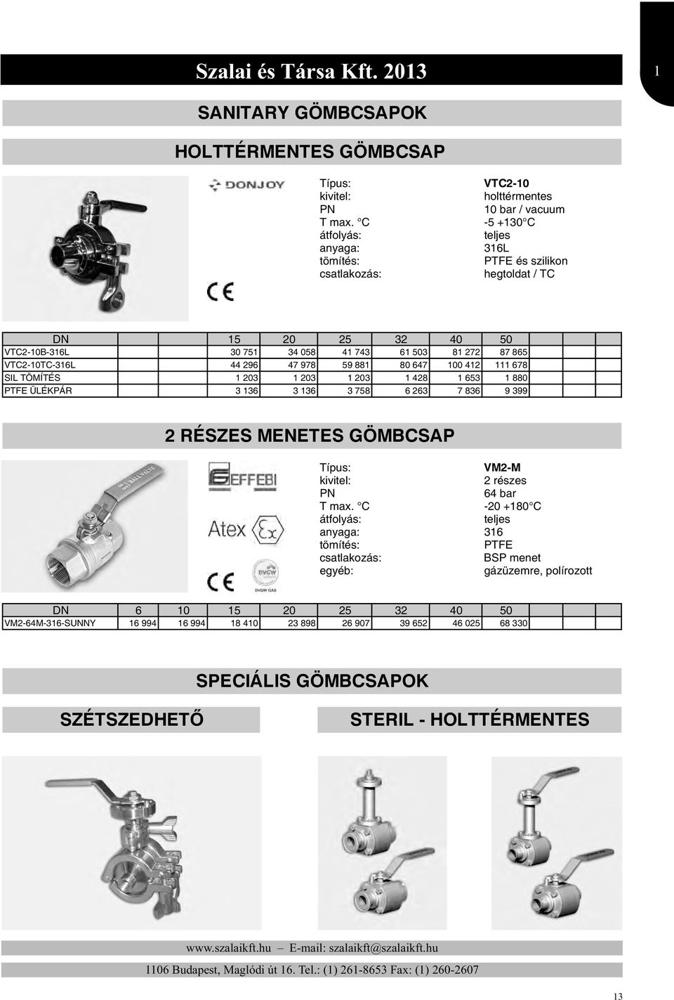 865 VTC2-10TC-316L 44 296 47 978 59 881 80 647 100 412 111 678 SIL TÖMÍTÉS 1 203 1 203 1 203 1 428 1 653 1 880 PTFE ÜLÉKPÁR 3 136 3 136 3 758 6 263 7 836 9 399 2 RÉSZES MENETES