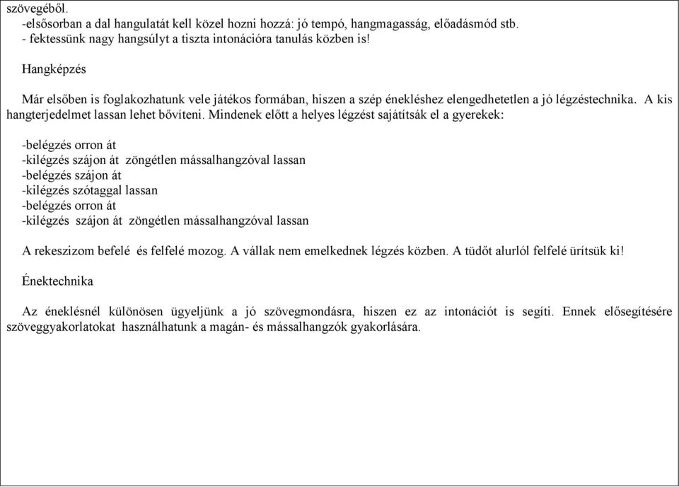 Mindenek előtt a helyes légzést sajátítsák el a gyerekek: -belégzés orron át -kilégzés szájon át zöngétlen mássalhangzóval lassan -belégzés szájon át -kilégzés szótaggal lassan -belégzés orron át