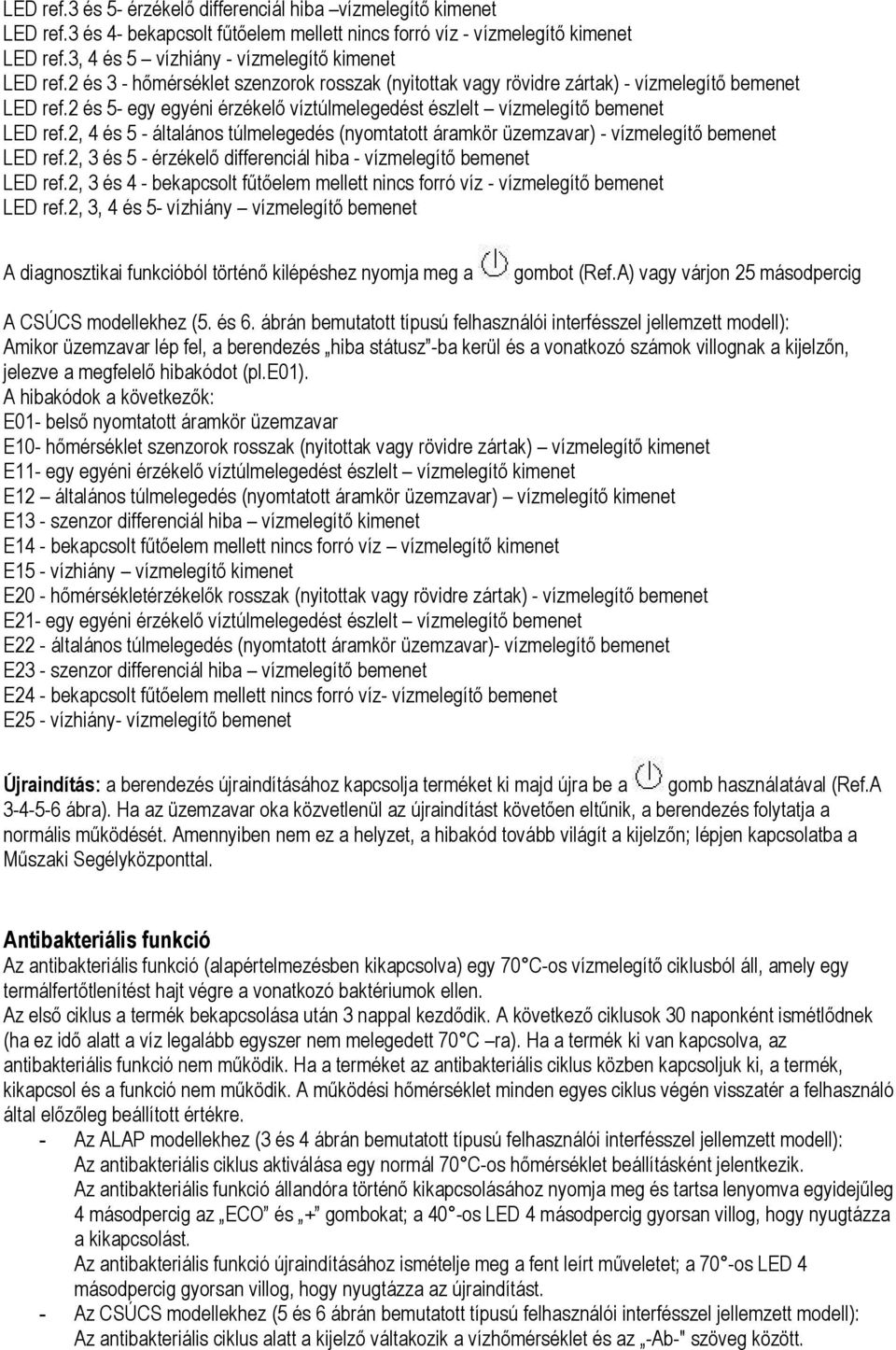 2 és 5- egy egyéni érzékelő víztúlmelegedést észlelt vízmelegítő bemenet LED ref.2, 4 és 5 - általános túlmelegedés (nyomtatott áramkör üzemzavar) - vízmelegítő bemenet LED ref.