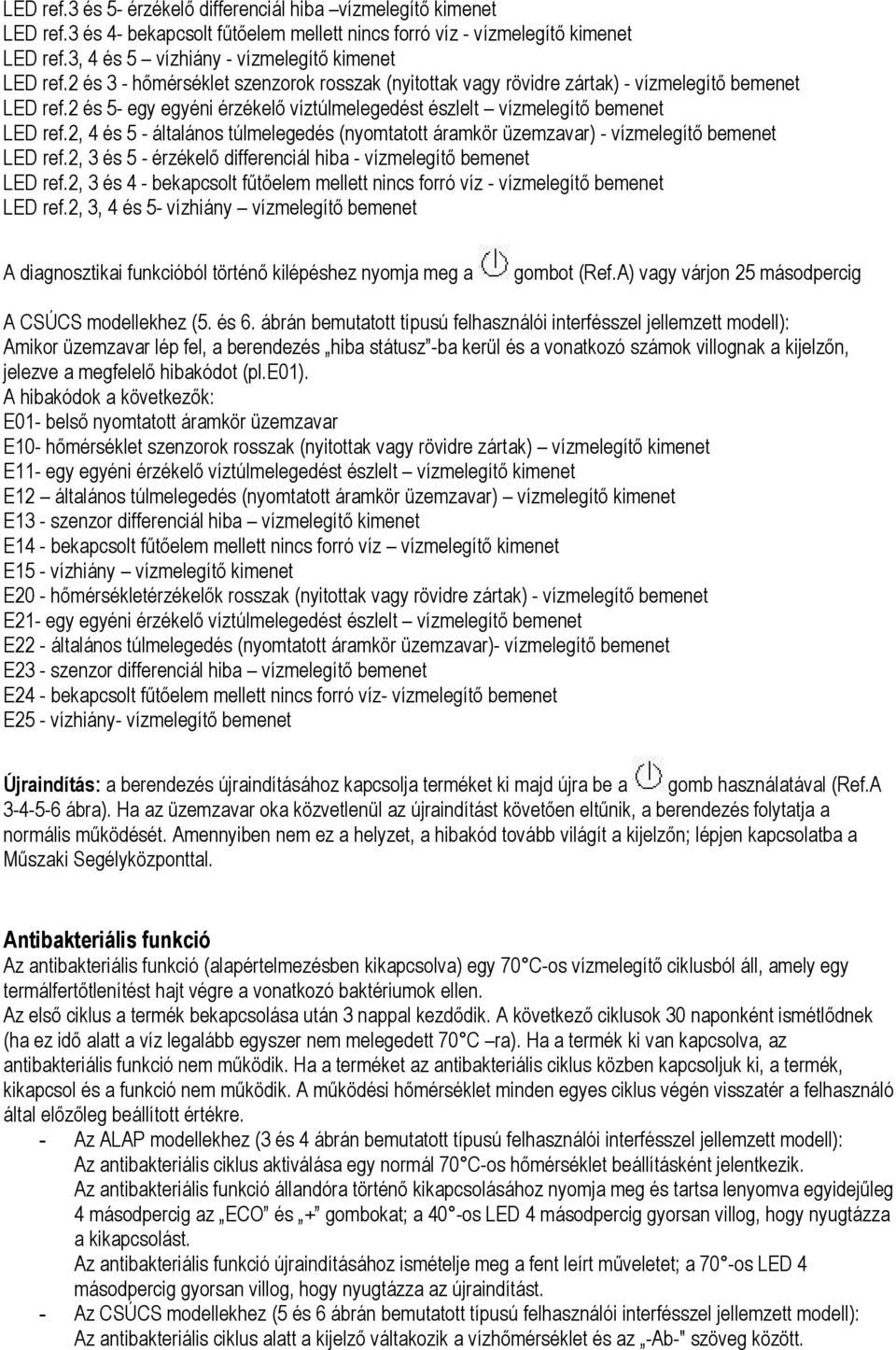 2 és 5- egy egyéni érzékelő víztúlmelegedést észlelt vízmelegítő bemenet LED ref.2, 4 és 5 - általános túlmelegedés (nyomtatott áramkör üzemzavar) - vízmelegítő bemenet LED ref.