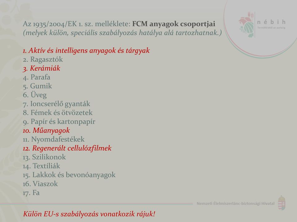 Aktív és intelligens anyagok és tárgyak 2. Ragasztók 3. Kerámiák 4. Parafa 5. Gumik 6. Üveg 7. Ioncserélő gyanták 8.