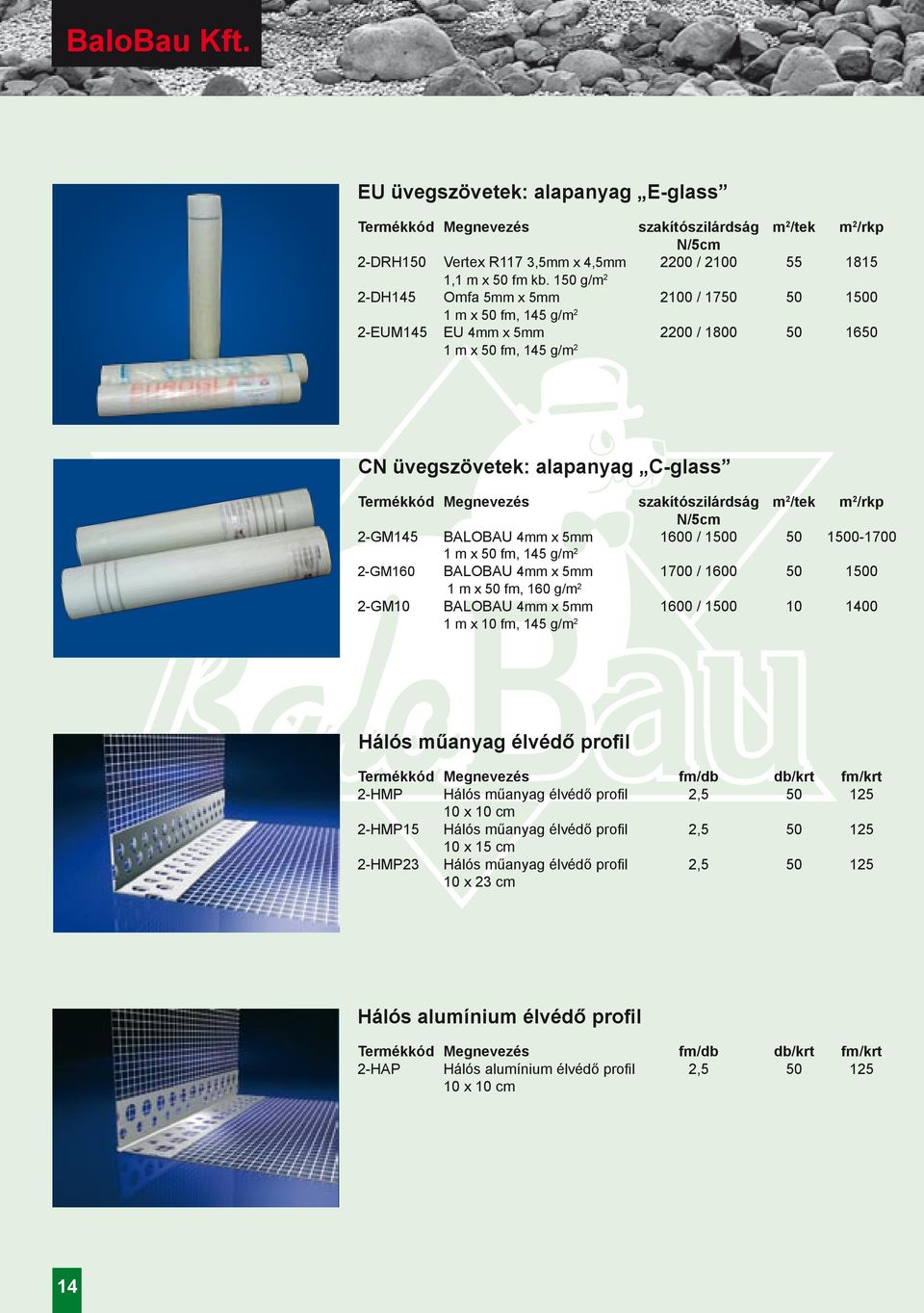 szakítószilárdság m 2 /tek m 2 /rkp N/5cm 2-GM145 BALOBAU 4mm x 5mm 1600 / 1500 50 1500-1700 1 m x 50 fm, 145 g/m 2 2-GM160 BALOBAU 4mm x 5mm 1700 / 1600 50 1500 1 m x 50 fm, 160 g/m 2 2-GM10 BALOBAU