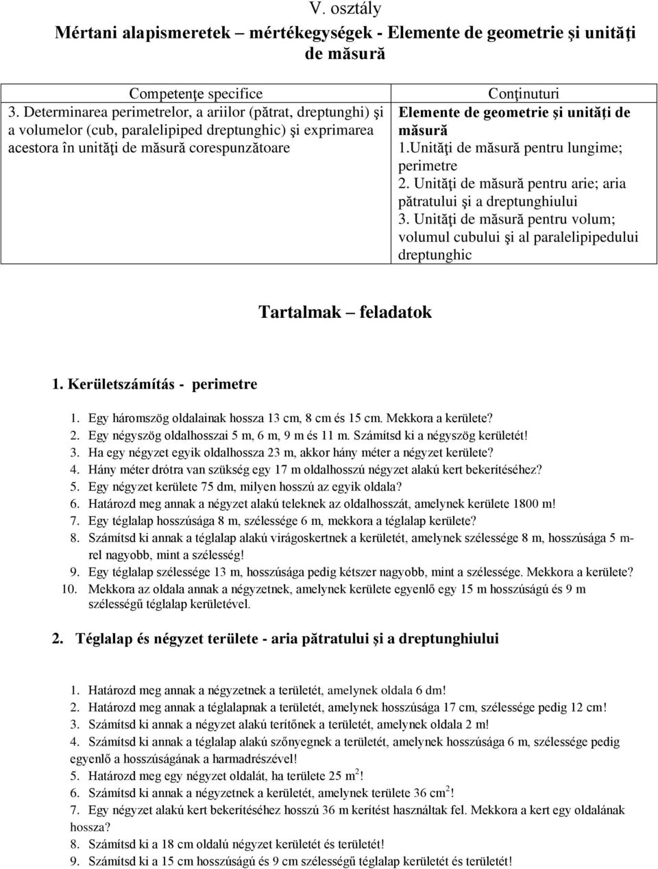 şi unităţi de măsură 1.Unităţi de măsură pentru lungime; perimetre 2. Unităţi de măsură pentru arie; aria pătratului şi a dreptunghiului 3.