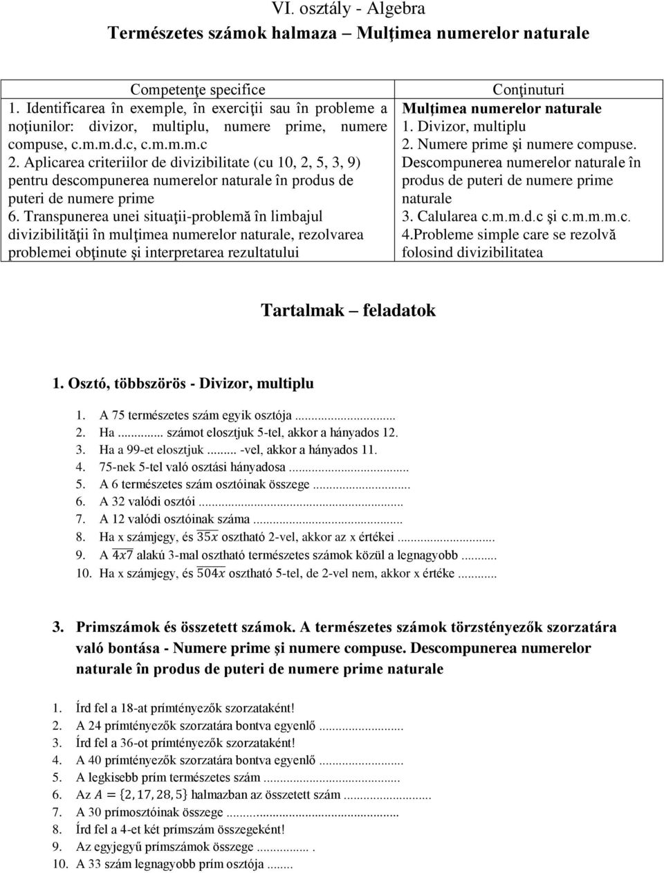 Aplicarea criteriilor de divizibilitate (cu 10, 2, 5, 3, 9) pentru descompunerea numerelor naturale în produs de puteri de numere prime 6.