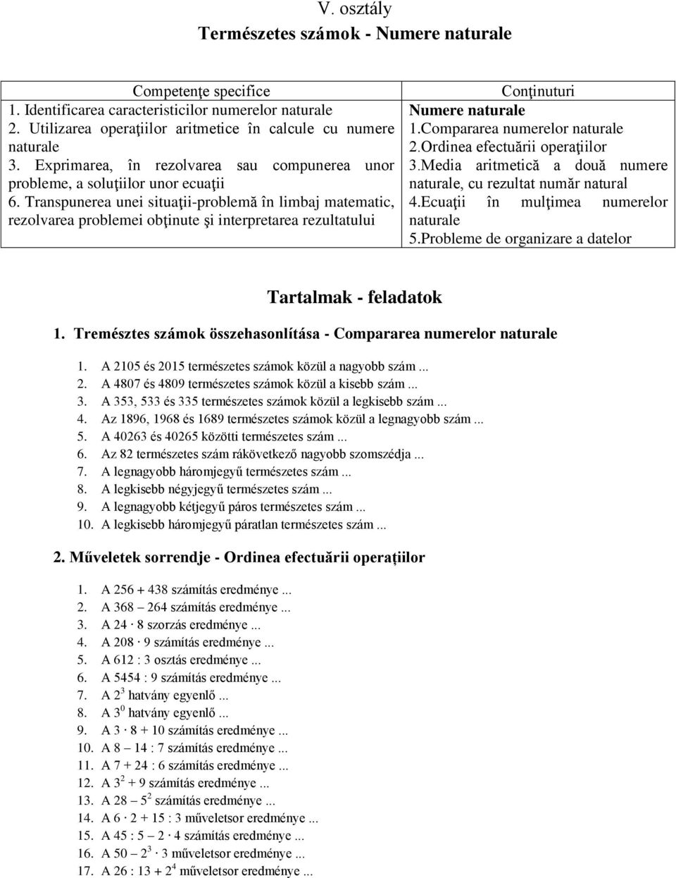 Transpunerea unei situaţii-problemă în limbaj matematic, rezolvarea problemei obţinute şi interpretarea rezultatului Conţinuturi Numere naturale 1.Compararea numerelor naturale 2.