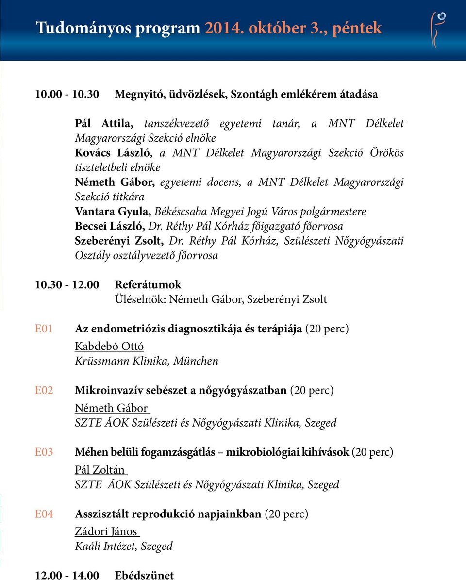 tiszteletbeli elnöke Németh Gábor, egyetemi docens, a MNT Délkelet Magyarországi Szekció titkára Vantara Gyula, Békéscsaba Megyei Jogú Város polgármestere Becsei László, Dr.