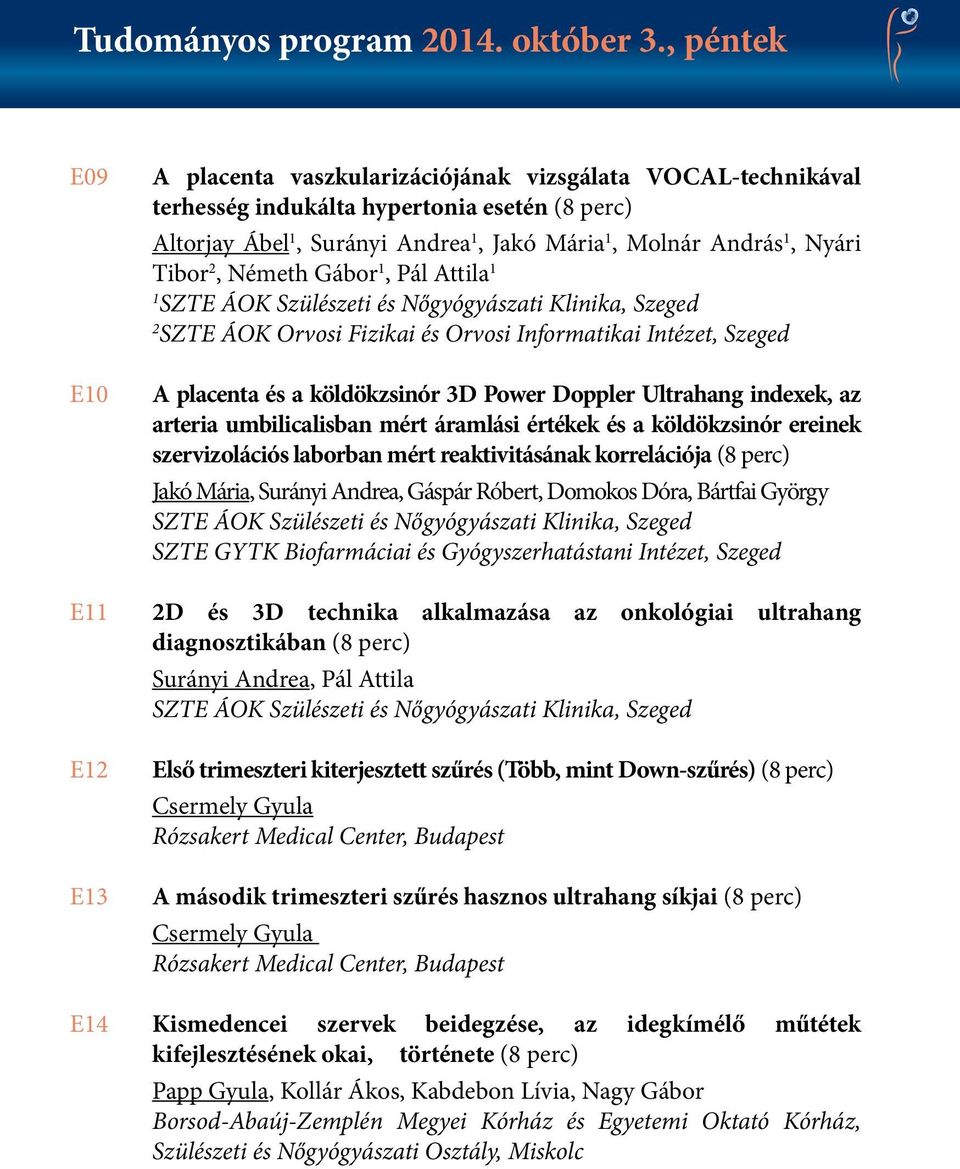 Gábor, Pál Attila SZTE ÁOK Orvosi Fizikai és Orvosi Informatikai Intézet, Szeged E0 A placenta és a köldökzsinór 3D Power Doppler Ultrahang indexek, az arteria umbilicalisban mért áramlási értékek és