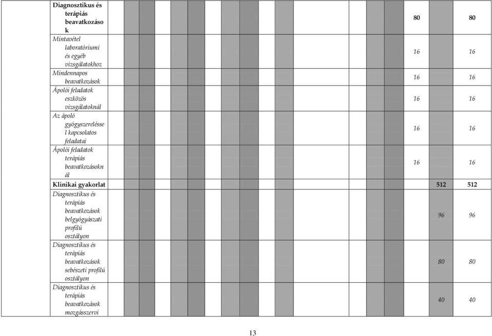 80 16 16 16 16 16 16 16 16 16 16 Klinikai gyakorlat 512 512 Diagnosztikus és terápiás beavatkozások belgyógyászati profilú