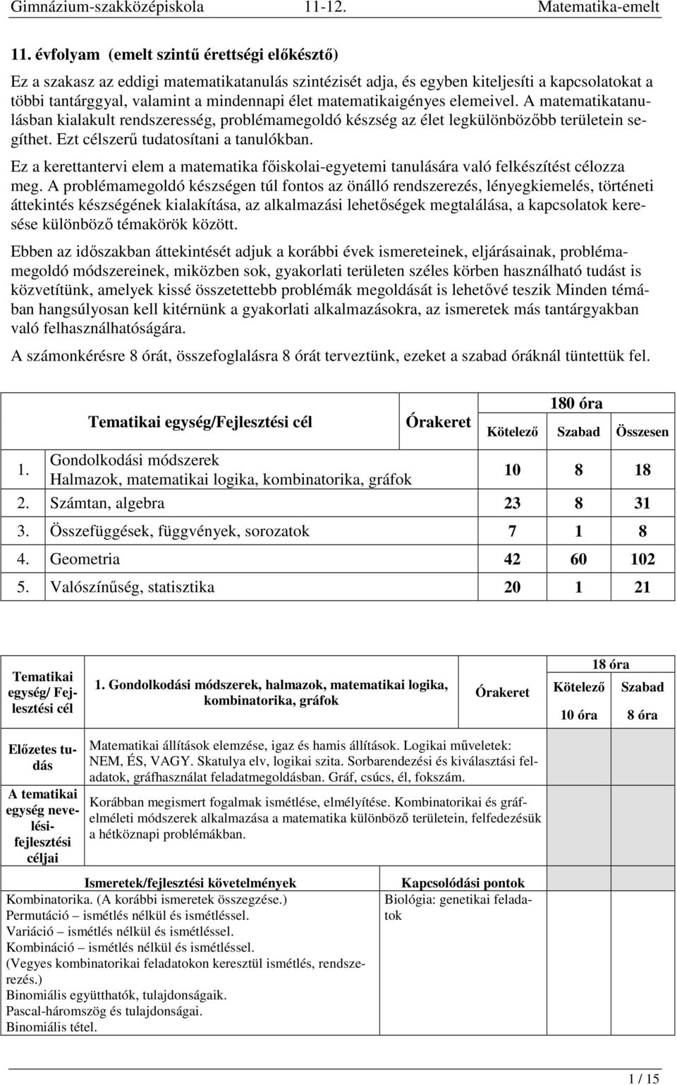 Gondolkodási módszerek Halmazok, matematikai logika, kombinatorika, gráfok.  Tematikai egység/fejlesztési cél Órakeret - PDF Free Download