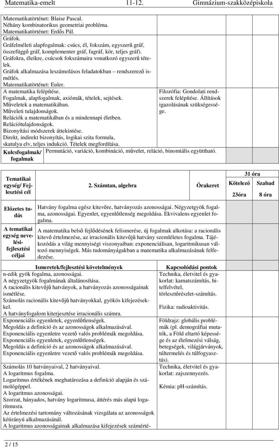 Gráfok alkalmazása leszámolásos feladatokban rendszerező ismétlés. Matematikatörténet: Euler. A matematika felépítése. Fogalmak, alapfogalmak, axiómák, tételek, sejtések. Műveletek a matematikában.