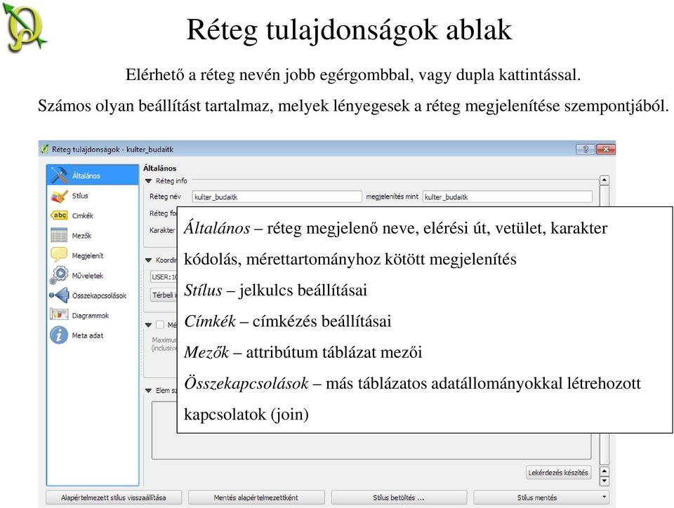 Általános réteg megjelenő neve, elérési út, vetület, karakter kódolás, mérettartományhoz kötött megjelenítés