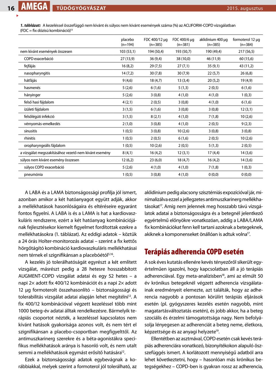 (n=381) aklidinium 400 μg (n=385) formoterol 12 μg (n=384) nem kívánt események összesen 103 (53,1) 194 (50,4) 193 (50,7) 190 (49,4) 217 (56,5) COPD exacerbáció 27 (13,9) 36 (9,4) 38 (10,0) 46 (11,9)
