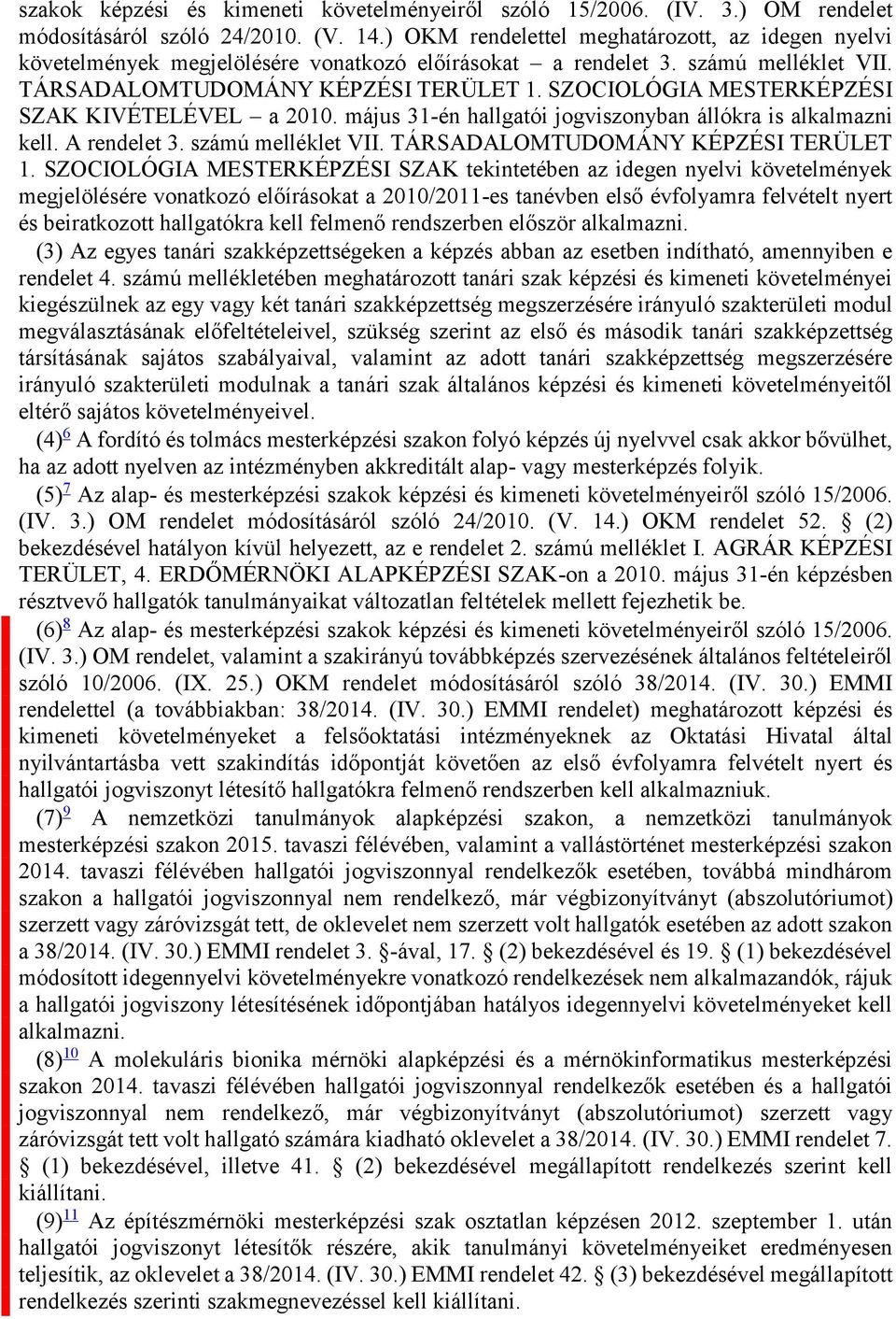 SZOCIOLÓGIA MESTERKÉPZÉSI SZAK KIVÉTELÉVEL a 2010. május 31-én hallgatói jogviszonyban állókra is alkalmazni kell. A rendelet 3. számú melléklet VII. TÁRSADALOMTUDOMÁNY KÉPZÉSI TERÜLET 1.