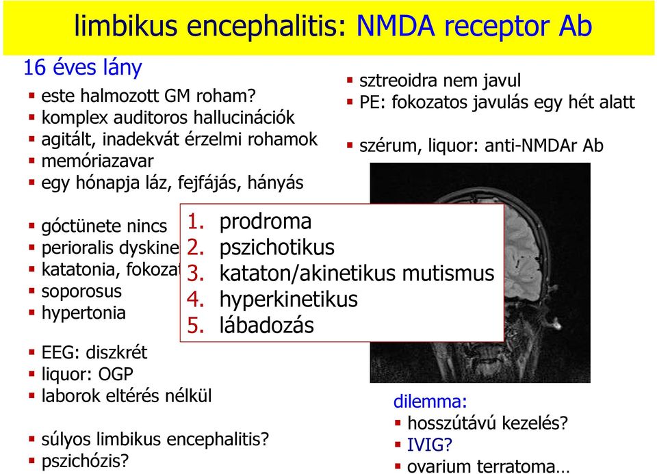 dystonia? katatonia, fokozatos tudatromlás soporosus hypertonia EEG: diszkrét liquor: OGP laborok eltérés nélkül súlyos limbikus encephalitis? pszichózis?
