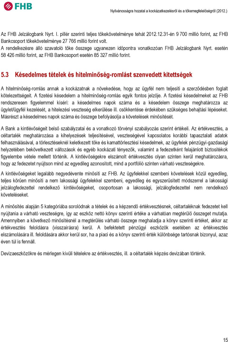 426 millió forint, az FHB Bankcsoport esetén 85 327 millió forint. 5.