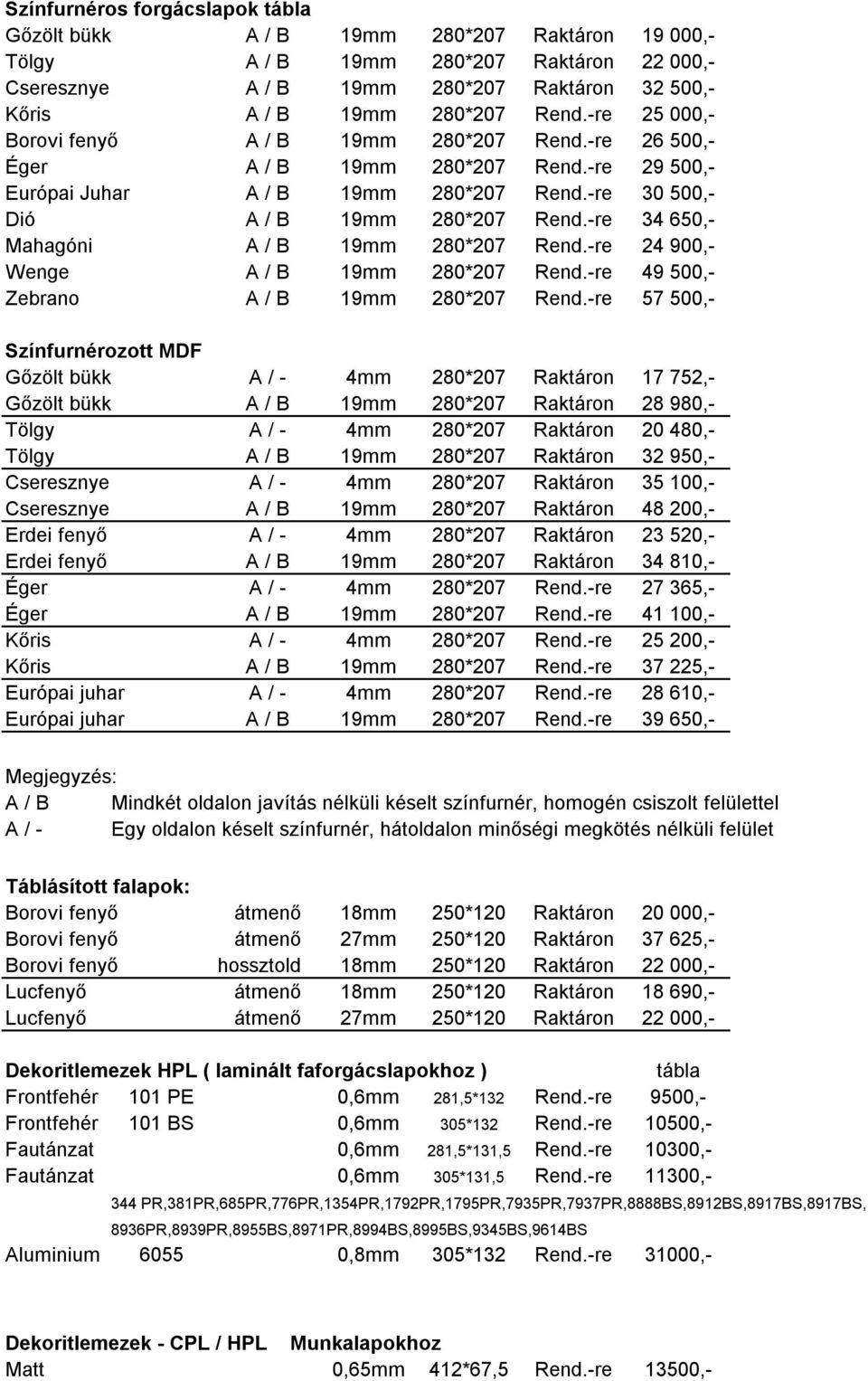 -re 34 650,- Mahagóni A / B 19mm 280*207 Rend.-re 24 900,- Wenge A / B 19mm 280*207 Rend.-re 49 500,- Zebrano A / B 19mm 280*207 Rend.
