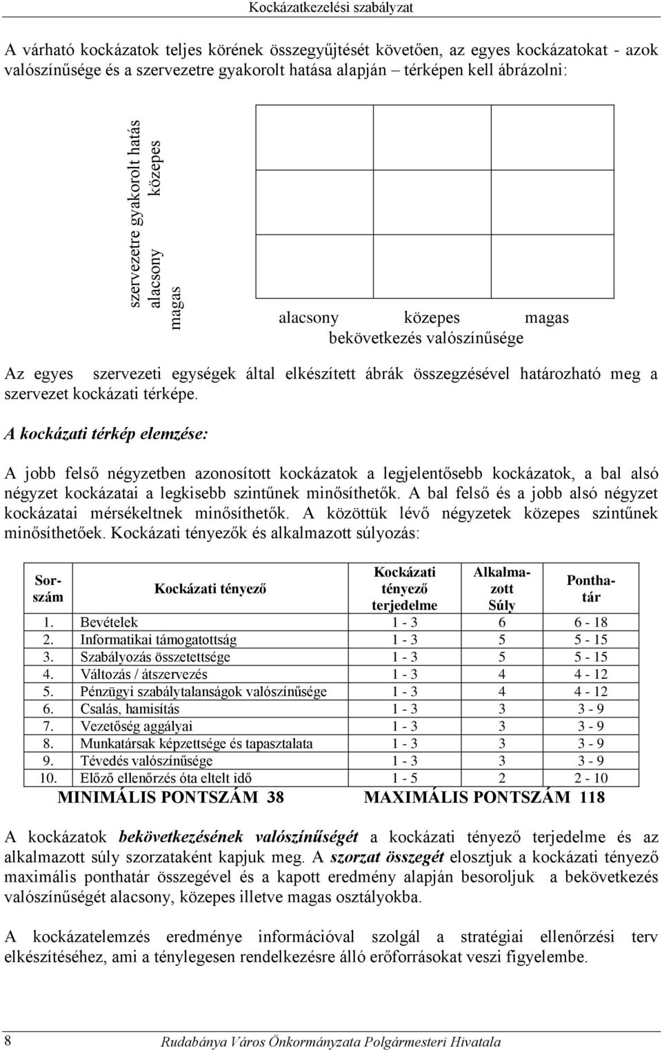 A kockázati térkép elemzése: A jobb felső négyzetben azonosított kockázatok a legjelentősebb kockázatok, a bal alsó négyzet kockázatai a legkisebb szintűnek minősíthetők.