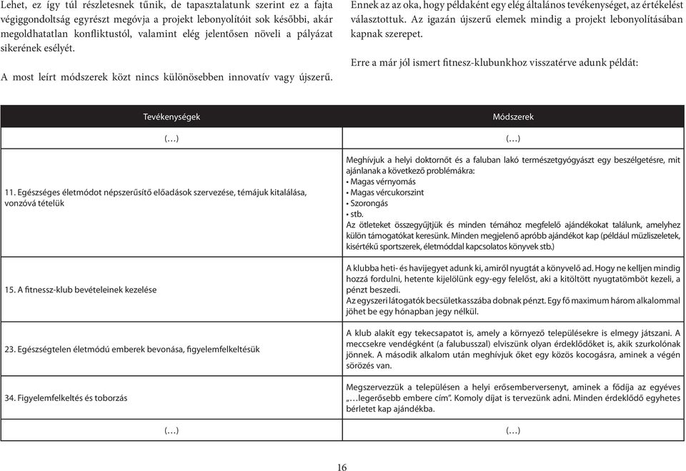 Ennek az az oka, hogy példaként egy elég általános tevékenységet, az értékelést választottuk. Az igazán újszerű elemek mindig a projekt lebonyolításában kapnak szerepet.