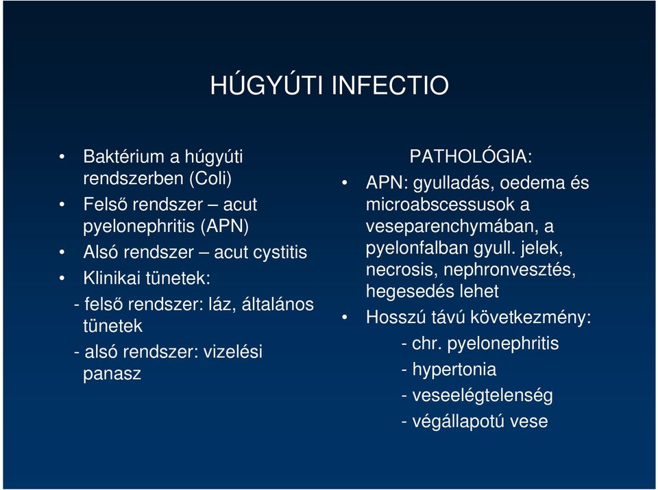 APN: gyulladás, oedema és microabscessusok a veseparenchymában, a pyelonfalban gyull.